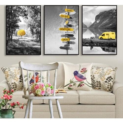 Black and White Scenery Decor Picture Nordic Canvas Painting Home Yellow Decor Wall Art Poster and Print for Living Room Design
