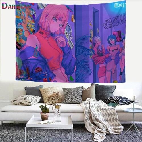 DARMIAN Anime Girl Design Tapestry Hippie Room Wall Hanging Blanket Art Home Decor Psychedelic Background Tapestry Custom Made