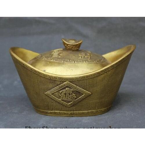 6" China Brass Copper Feng Shui Yuan Bao Zhao Cai Jin Bao Wealth Luck Money Box