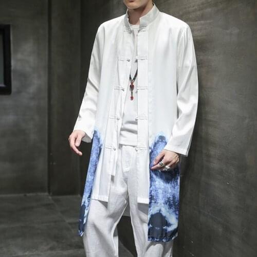 Chinese Ethnic Style Long Windbreaker Jacket Mens Ink Printing Hanfu Style Long Jacket Mens Windbreaker Jacket Fashion Jacket