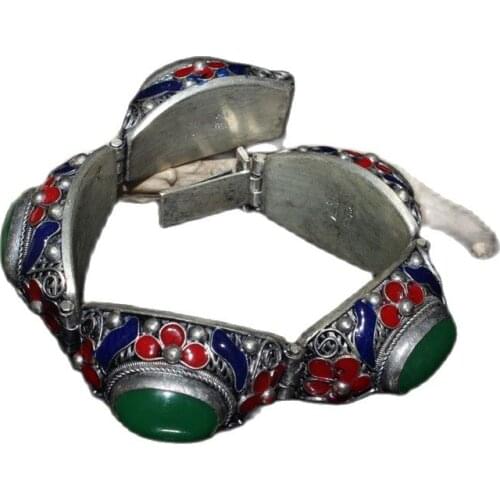 Chinese Old Craft Inlaid Emerald Inlaid Cloisonne Silk Pinching Silver Bracelet