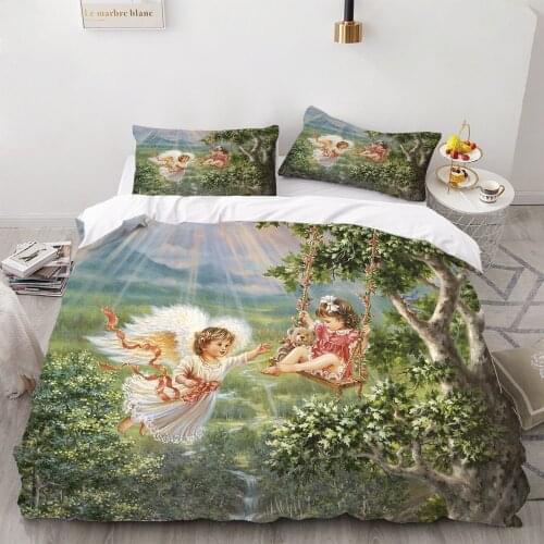 2/3 Pieces Angel Oil Painting Bedding Set Ancient Art Duvet Cover Cartoon Warm Bed Quilt Cover Kids Bedroom Bed Cover Set