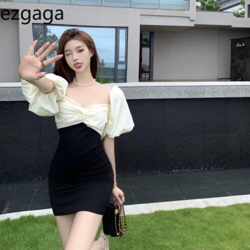 Ezgaga French Style Patchwork Contrast Dress Women Sexy V-Neck Puff Sleeve Ladies Bodycon Elegant Robe Party Fashion Vestidos