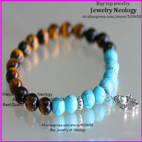 15pcs Hight quality Beautiful bracelet, Stone and tiger eye beads with silver plated hamsa hand pendant bracelet