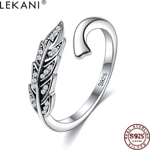 LEKANI Authentic 925 Sterling Silver Vintage Feather Wings Adjustable Romantic Ring For Women Anniversary Jewelry Gift Recommend
