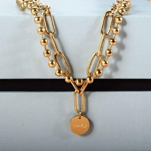 ZMFashion Trendy Multilayer Lucky Pendant Necklace For Women Stainless Steel Layered Necklaces Beads Long Chains Jewelry Gifts