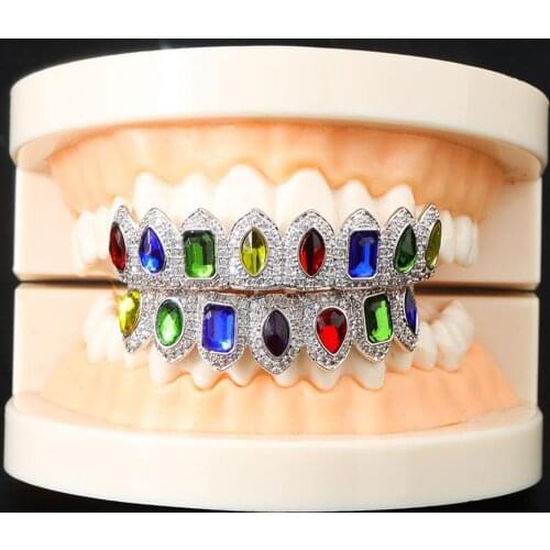 JINAO New Hip Hop Grillz Set Gold Silver color Jewelry Cubic Zirconia Hip Hop Teeth Grillz Top & Bottom Grills Party Gifts