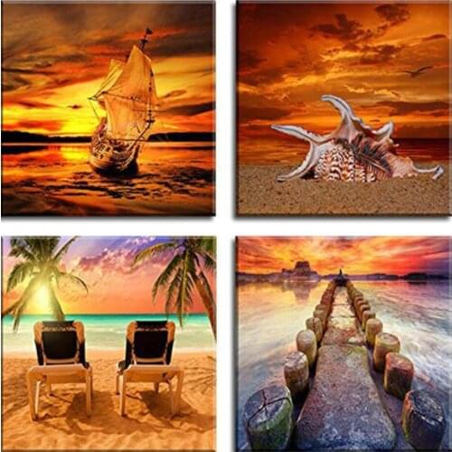 4 Pcs Set Round Diamond Embroidery,Ocean Sunset Beautiful Beach Scenery Painting Diamond Painting Full Square Diamond Art