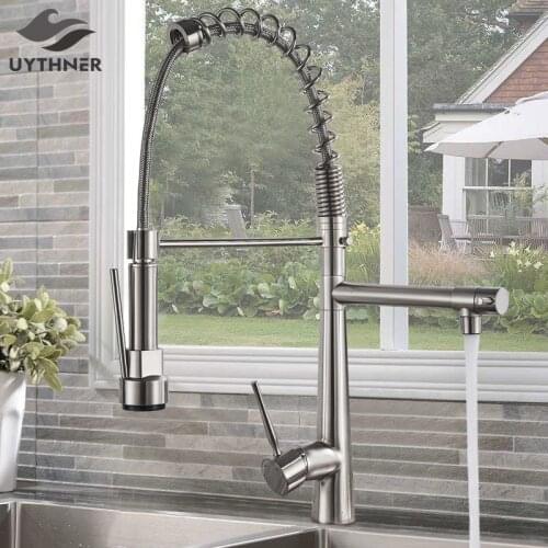 Uythner Brushed Nickle Basin Kitchen Faucet Pull Out Dual Spouts Spring Brass Kitchen Faucet Hot and Cold Mixer Tap Deck Mounted