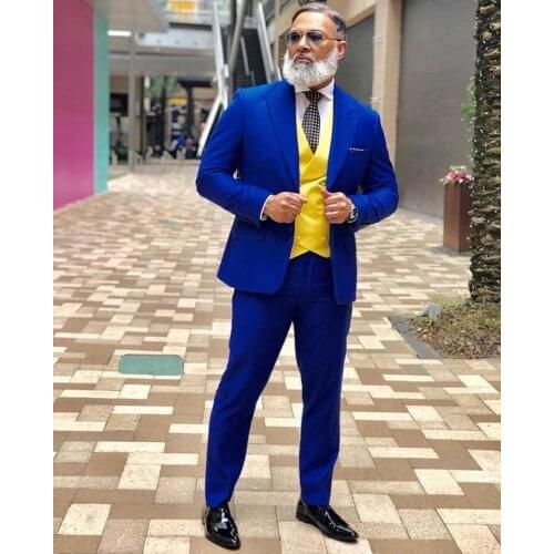 New Style Groomsmen Peak Lapel Groom Tuxedos Royal Blue Men Suits Wedding Best Man ( Jacket+Pants+Bow Tie+Vest )