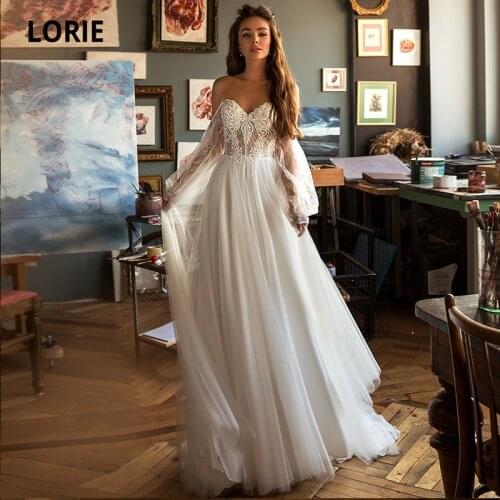 LORIE Boho Wedding Dresses O-Neck Appliques Lace Long Sleeves Floor Length Princess Wedding Gowns Bride Dress 2021 suknia slubna