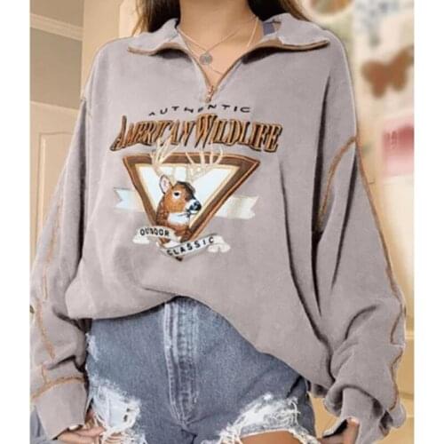 Animal Deer Letter Print Vintage Sweatshirt Women Polo Collar Casual Oversized Warm Fleece Winter Pullovers 2020Autumn New Girls