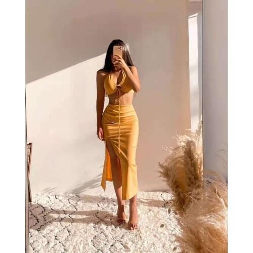Xikom 2021 Women New Summer Two-Piece Set Vintage Elasticity Yellow Slim Halter Top Female Streetwear High Waist Split Skirt Set
