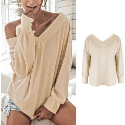 Women Long Sleeve V-Neck T-Shirt Off Shoulder Waffle Loose Solid Pullover Tops