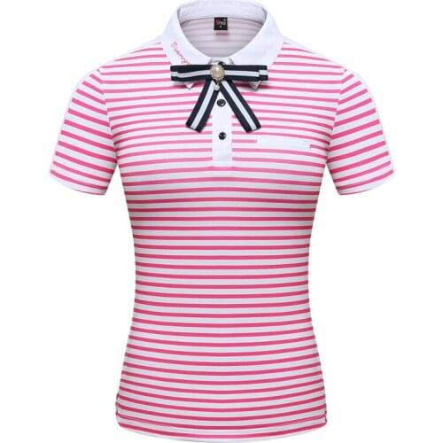 2019 women spring summer golf apparel striped short-sleeved T-shirt female bow decoration breathable quick-drying Sportswear top