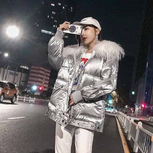 Winter Big Fur Collar Down Parka Coat Womens Bright Face Down Jacket 2021 New Female Casual Loose White Duck Down Coats Overcoat