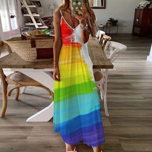 Summer Female Long Dress Rainbow Striped V-Neck Sleeveless Spaghetti Strap Maxi Loose Dress Casual Clothes for Ladies Women New