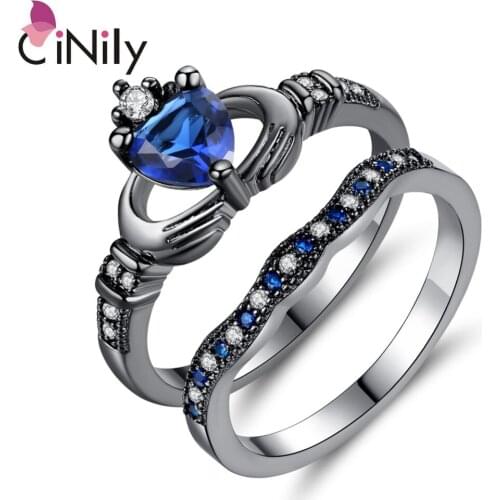 CiNily Created Blue Stone Cubic Zirconia Black Gold Color Rings Wholesale Hot Heart for Women Jewelry Ring Size 6-9 NJ11148