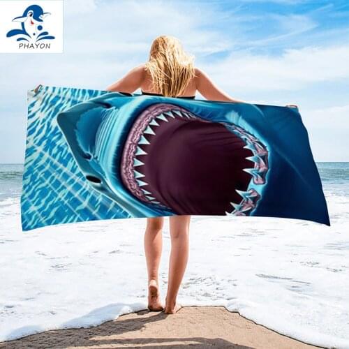 PHAYON 1Pcs Quicky-dry Microfiber Bath Towels Fiercely Shark 75*150cm Beach Towel Animals Large Sport Towels Camping Accessories