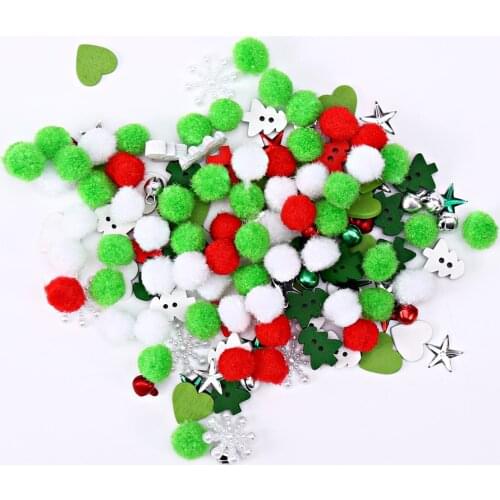 250pcs Mix Of Christmas Pom Poms Wood Xmas Trees Buttons Jingle Bells Snowflakes Star Pearls Scrapbook Embellishment DIY Crafts
