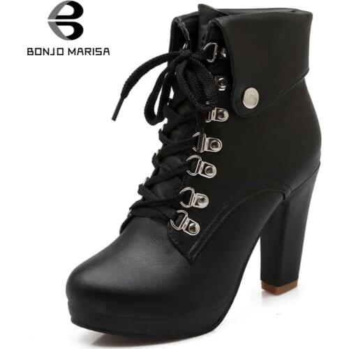 BONJOMARISA Hot Sale Autumn Winter Add Fur Booties Ladies lace-up Platform Ankle Boots Women High Heels Shoes Woman