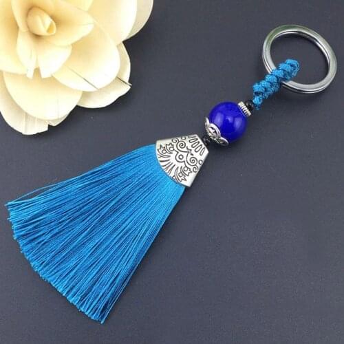 Wholesale 14cm Lake blue Tassel Charms Ice Silk Key Ring With Beads Pendant Key buckle Satin Tassels Jewelry Making 10pcs/lot