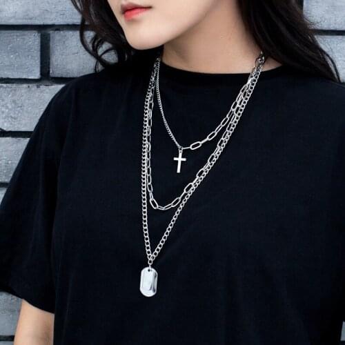 BUDROVKY Punk Layered Cross Pendant Choker Necklace Steampunk Men Couple Hip Hop Street Lock Silver Color Chain Necklaces Women