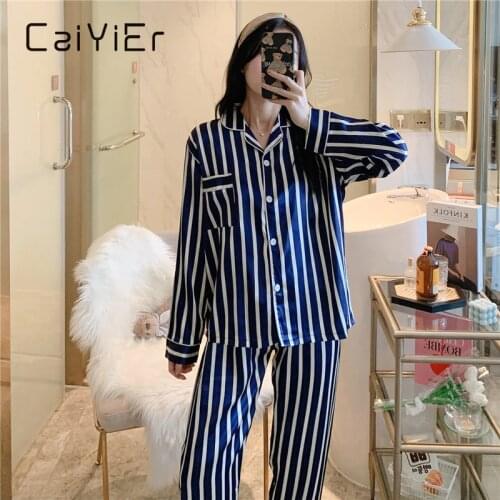 CAIYIER New Autumn Winter Silk Pajamas For Women Long Sleeve Luxury Stripe Print Sleepwear Big Size 160KG 3XL-8XL Floral Pyjamas
