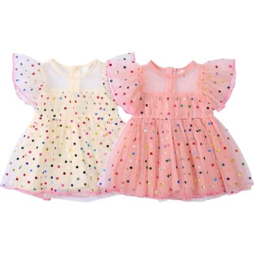 2021 Infant Kids Baby Girl Short-sleeved Mesh Dress with Colorful Polka Dot Pattern Printing, Ruffle Decoration Clothing 6M-3T