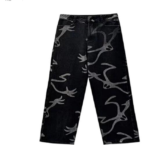 Harajuku Style Printed Jeans Womens Loose High-Waisted Wide-Leg Pants All-Match Casual Street Trousers Mens Straight-Leg Pants