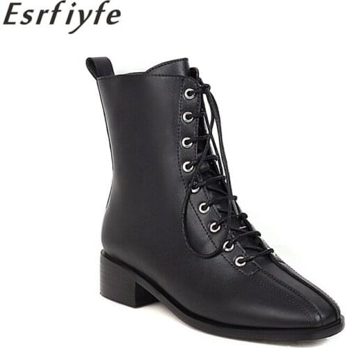 ESRFIYFE New Motorcycle Boots Women Microfiber Cross-Tied Slide Zip Square Toe Lady Autumn Winter Ankle Boots for Women Handmade