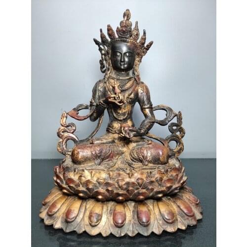 13"Chinese temple collection Old Bronze Cinnabar Lacquer Vajrasattva Guanyin Bodhisattva Lotus Terrace Sitting Buddha Ornaments