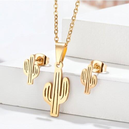 Small fresh personality plant necklace earrings jewelry set European and American simple hollow cactus chain clavicle Ear rings