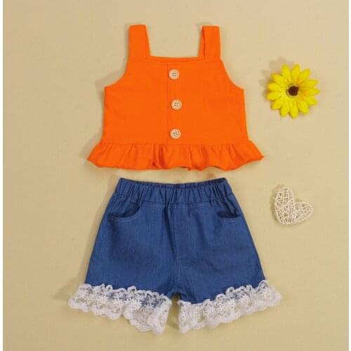 2Pcs Sweet Style Little Girls Outfit, Summer Solid Color Flouncing Hem Sleeveless Suspender Tops + Lace Edge Denim Shorts