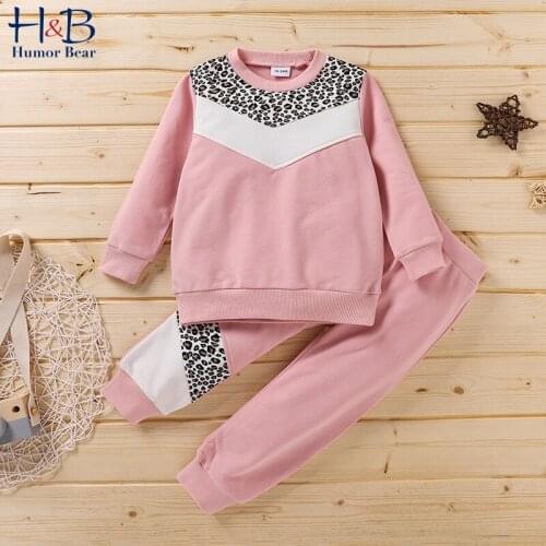 Humor Bear Girl Clothes Sets Spring Autumn Long Sleeve Leopard Round Neck Top +Sport Pants 2pcs Outfit Toddler Clothes