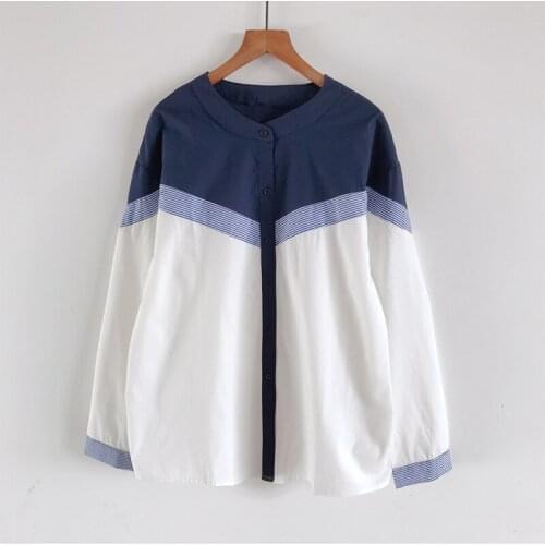 Fashion Design Patchwork Cotton Women Shirts Summer Vintage 2021 O-Neck Long-Sleeved Striped Loose Female Outwear Tops