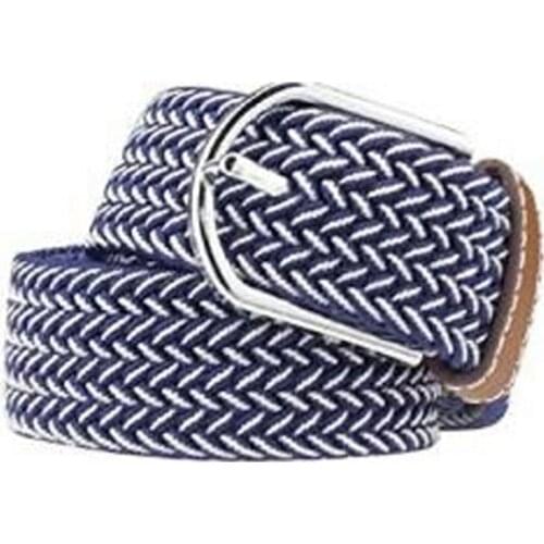 Men Casual Canvas Belt Elastic Rubber Concise Belt Metal Buckle Belt Blue white