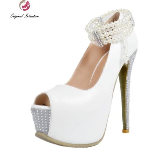 Original Intention Elegant Women Pumps Gorgeous Beading Platform Peep Toe Thin Heels Pumps White Shoes Woman Plus US Size 4-15
