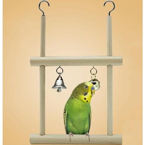 Parrot Hanging Perch Toy Wooden Bell Solid Stand Bird Hammock Parakeets Educational Toy Bird Perch Supplies Pet Cage Accessories