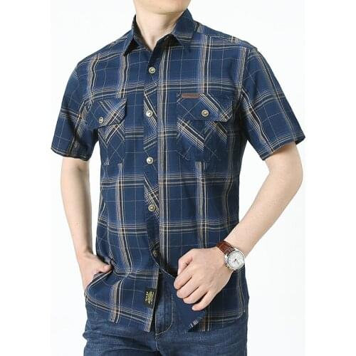 2021 Men Summer 100% Cotton Military Plaid Shirt Short Sleeve Cargo Shirts Men Spring Casual Single Breasted Business Shirt Men
