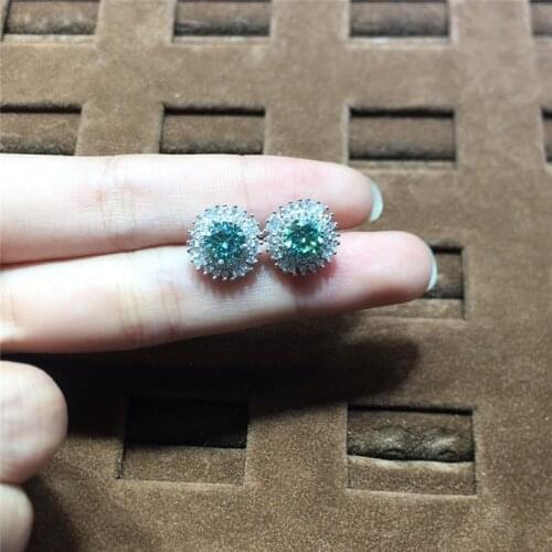 Silver Snowflake Cut Total 2 ct Blue&Green Moissanite Stud Earrings Female 925 Sterling Silver Diamond Test Passed Gems Earrings