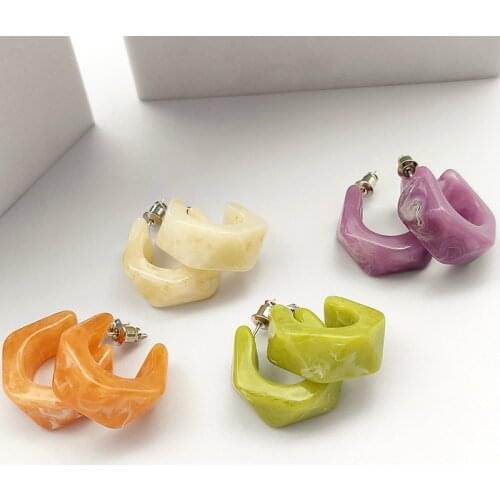 UJBOX Korean Macaron Color Faceted Resin Earrings for Women Small Green Purple Hoop Earrings Jewelry Accessories Wholesale Bulk