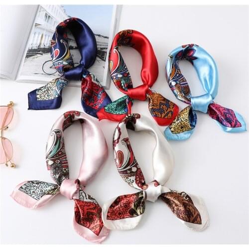 Women Small Satin Silk Scarf Square Print Wrap Foular Female Handkerchief Bandana Neck Hair Skinny Tie Scarves Shawls