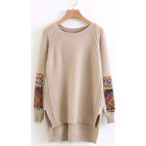 Autumn Winter Fashion O-Neck Irregular Hem Long-sleeved Sweater Womens Cuff Print Wild Warm Loose Casual Sweater Ladies Top