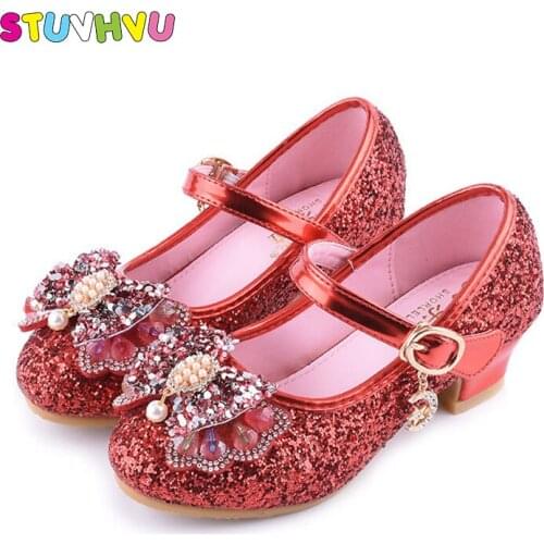 Girls Princess Shoes Sequin Leather Rhinestones Bow Children Shoes Spring and Autumn New Girls High Heels Kids Crystal Shoes
