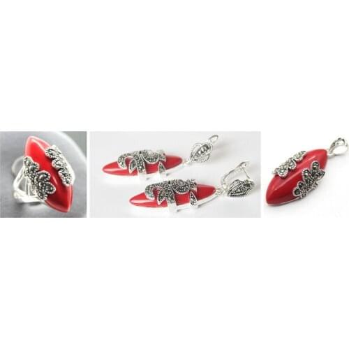 Unique Red Carved Lacquer Marcasite 925 Sterling Silver Ring(#7-10) Earrings & Pandent jewelry sets