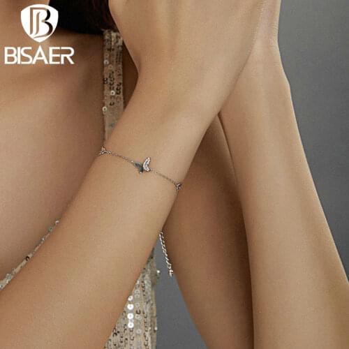 BISAER 925 Sterling Silver Surrounded Butterflies Bracelets Crystal Chain Link Femme Bracelets for Women Jewelry ECB197