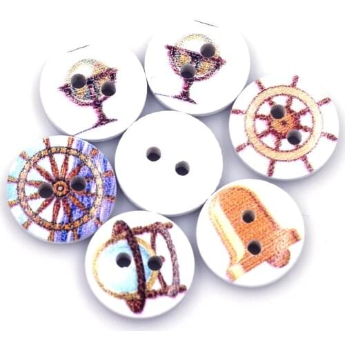 20Pcs Mixed Round Helm Steamship Anchor Theme 2 Holes Wood Sewing Buttons for Ornaments Crafts Scrapbook Clothes Decoration 15mm