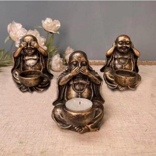 3Pcs Statues with Candle Holder Tea Light Incense Burner No Hear See Speak Sitting Meditating Figurines for Home Zen