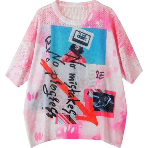 Hollow Out Graffiti Tops Women Nice Short Sleeve Kawaii Sweater Womens Clothing Nice Pink Shirt Summer Cloth